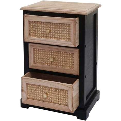Cómoda con 3 cajones en madera negra y ratán 63x40x28 cm 040006510