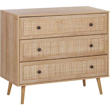 Cómoda con 3 cajones madera clara ratán natural 90 x 79 cm patas de madera de pino mimbre boho Ponca
