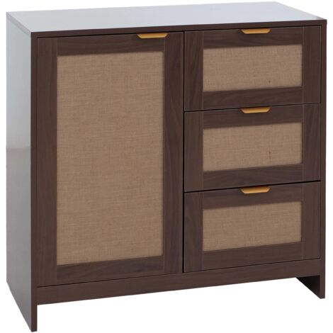 Cómoda con 3 cajones y 2 compartimentos frente efecto lino 80 x 80 x 40 cm MDF recubierto de melamina con acabado nogal tiradores dorados 040008720