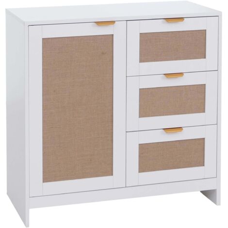 Cómoda con 3 cajones y 2 compartimentos frente efecto lino 80 x 80 x 40 cm MDF revestido de melamina blanca tiradores dorados 040008719