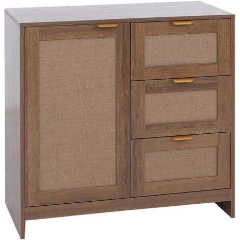 Cómoda con 3 cajones y 2 compartimentos frente efecto lino 80 x 80 x 40 cm MDF revestido de melamina marrón tiradores dorados 040008721