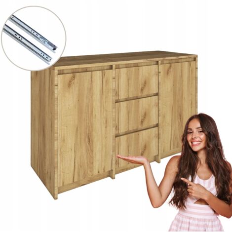 Cómoda con 3 cajones y 2 puertas, roble artesanal dorado, sin tiradores, 120 x 75, 2 x 43