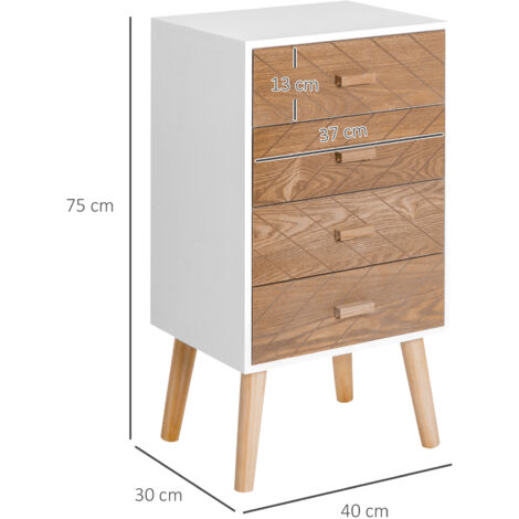 Cómoda con 4 Cajones Cómoda de Dormitorio Mesita de Noche con Patas Elevadas para Salón 40x30x75 cm Blanco y Natural