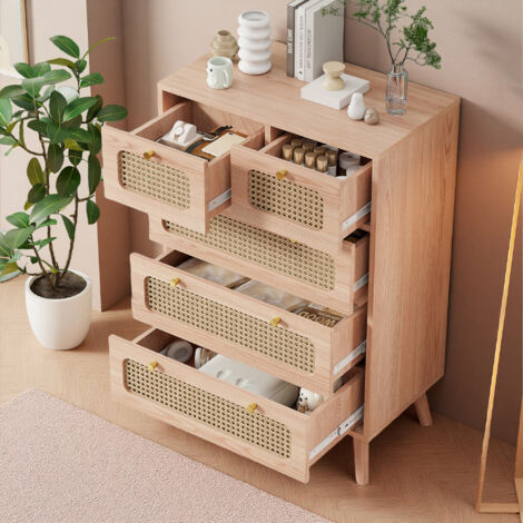 Cómoda con 5 cajones - estilo rústico - cajones de ratán - mueble de almacenamiento - L 60 x P 34 x H 91 cm - Color madera natural