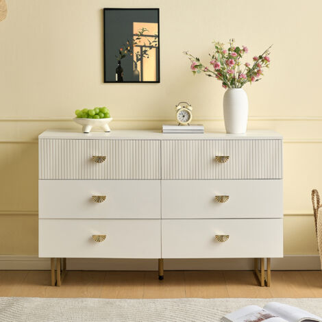 Cómoda con 6 cajones - 120 x 40 x 75 cm - con detalles en blanco y dorado - MDF y acero - Blanco