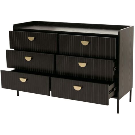 Cómoda con 6 cajones de lamas de estilo moderno 80x120x44 cm fabricada en MDF melaminado con estructura de acero y acabado madera negra diseño de lamas 040009431