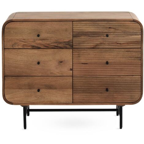 Cómoda con contornos curvos 6 cajones madera maciza de mango, patas metálicas negras