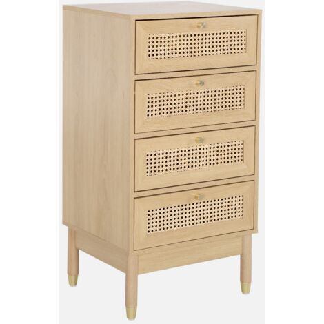 Cómoda con decoración de madera y mimbre, 4 cajones
