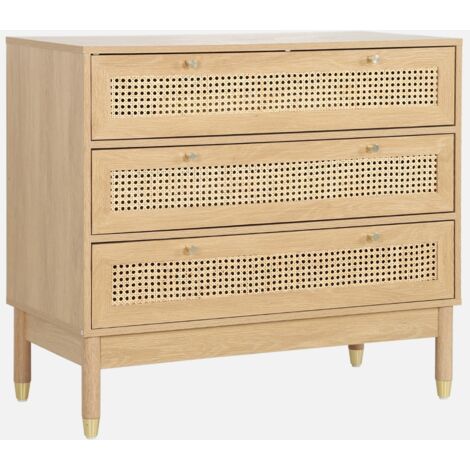 Cómoda con decoración madera y mimbre, 3 cajones
