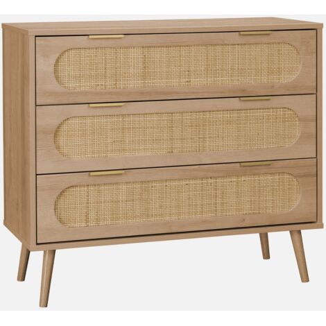 Cómoda con efecto madera y caña redondeada, 3 cajones