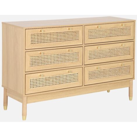 Cómoda con efecto madera y mimbre, 6 cajones