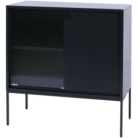 Cómoda con puertas correderas de cristal acanalado estilo industrial 85x80x45 cm en acero negro 040008868