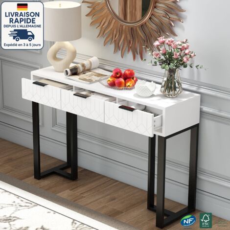 Cómoda consola 120x36x80 cm con 2 cajones y reposapiés regulable, pata de metal, MDF, blanco