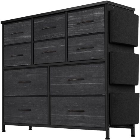 Cómoda de 10 cajones en tela – Estructura metálica, superficie de madera, bolsillos laterales y ganchos – Marrón rústico