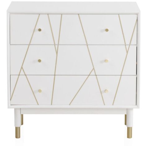 Cómoda De 3 Cajones Lacada En Blanco Con Frente Decorado En Oro