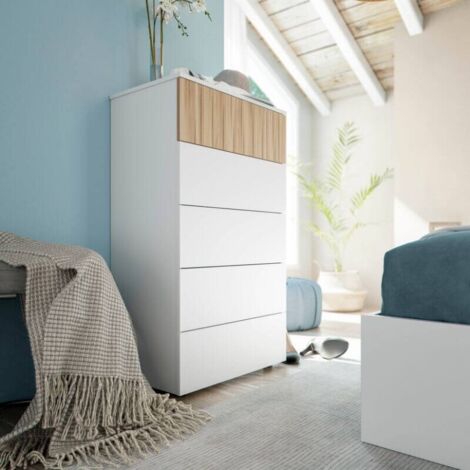 Cómoda De Cinco Cajones Ethna Para Dormitorio En Blanco Artik Y Natur Estilo Moderno 61x109x40Cm