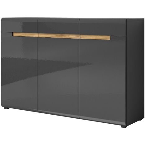 Cómoda de diseño LUCIA, 3 puertas y 3 cajones. Color gris brillante y roble