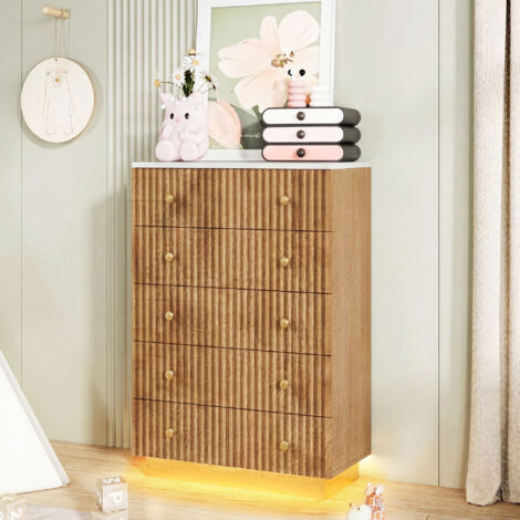 Cómoda de dormitorio - 73 x 40 x 111 cm - Cómoda de 5 cajones con LED de 3 colores y frente ondulado - Roble natural