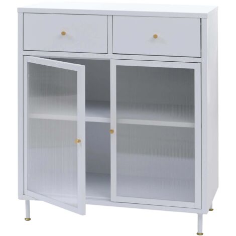 Cómoda de estilo industrial de metal blanco con puertas de cristal estriado 2 cajones y balda regulable 96x80x40 cm 040008875