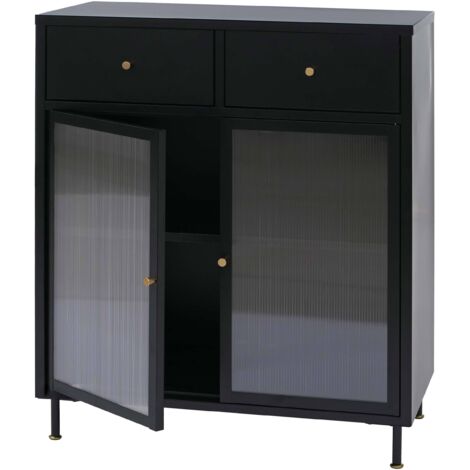 Cómoda de estilo industrial de metal negro con puertas de cristal estriado 2 cajones y balda regulable 96x80x40 cm 040008874