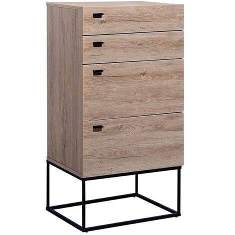 Cómoda de madera clara 4 niveles con base de metal negro rústico Acra