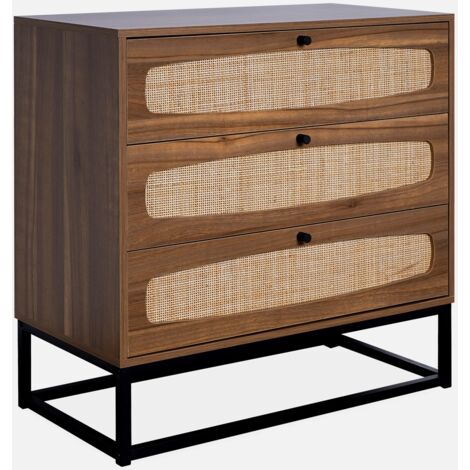 Cómoda de madera y caña, 3 cajones