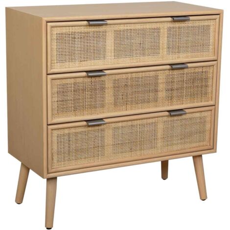 Comoda de madera y rejilla de rattan de 3 cajones marrón 75x35x78h cm