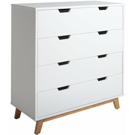 Cómoda de Noche Miranda de 4 cajones Blanco, DM Lacado, Patas de Madera y guías metálicas