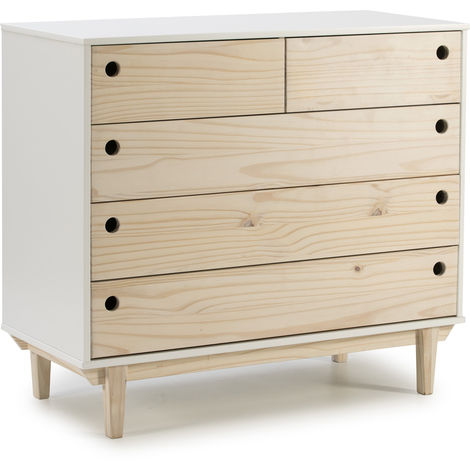 Cómoda De Noche Roma 5 Cajones En Color Blanco, Patas Y Frontales En