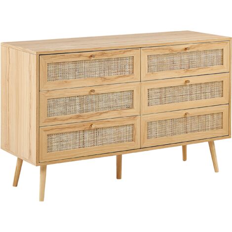 Cómoda de ratán madera clara dorado 120 x 42 cm 6 cajones boho Perote