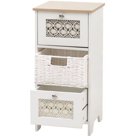Cómoda HHG-346, cajonera, 3 cajones, cajones de mimbre, madera melamina, 63 x 30 x 30 cm, blanco natural
