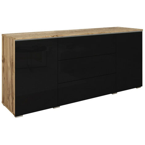 Cómoda Mirfivo 102, Roble wotan + Negro brillante, Con cajones y puertas, Número de cajones: 3, 66x150x40cm