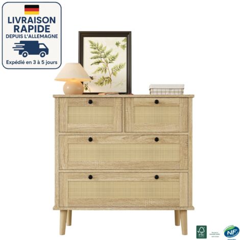 Cómoda MODFU de 4 cajones, mueble de almacenaje para cocina y salón, mueble de pasillo, 80×40×80 cm, color natural
