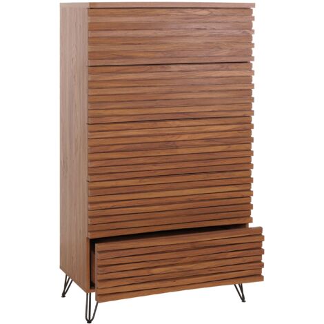 Cómoda mueble alto diseño 3d 5 cajones en madera maciza de mango y metal 145x80x44 cm aspecto nogal 040006527