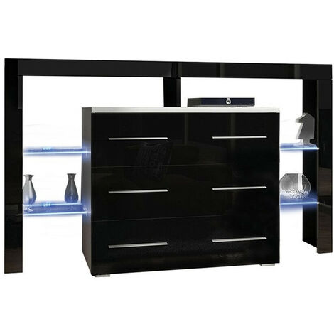 Cómoda Nashville 108, Blanco + Negro brillante, Con cajones, Número de cajones: 3, 101x140x45cm, LED