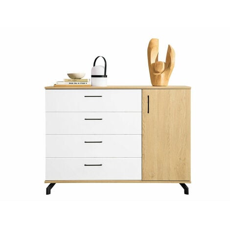 Mueble aparador de salón JELANI. 128,4x91,5x33,8 cm. Diseño nórdico moderno  color blanco y roble.