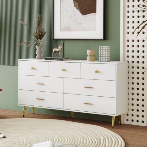 Cómoda para salón, aparador con almacenaje, mueble de cocina, mueble aparador con pie, 140x35x76 cm, 7 cajones, color blanco
