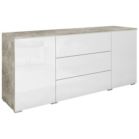 Cómoda Sarasota 142, Hormigón + Blanco brillante, Con cajones y puertas, Número de cajones: 3, 66x150x40cm