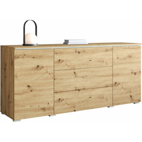 Cómoda Sarasota 142, Roble Artisan, Con cajones y puertas, Número de cajones: 3, 66x150x40cm, LED