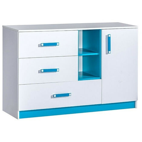 Cómoda Sorviru 101, Blanco + Turquesa, Con cajones y puertas, Número de cajones: 3, 83x130x40cm