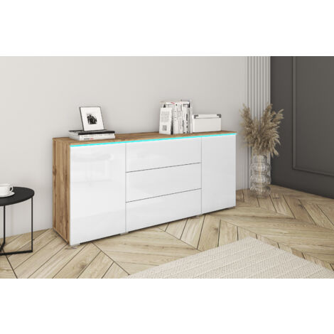 Cómoda VERA 150 cm , cajonera, aparador, sin iluminación LED, color wotan/blanco brillo
