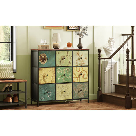 Cómoda vintage con 9 cajones de tela, tres niveles, tocador para dormitorio, mesita de noche, estructura de metal, 100 x 30 x 86 cm