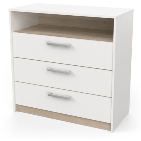 Cómoda Watson 3 Cajones y 1 Estante en Blanco y Roble Kronberg Melamina 81 cm - Mueble Funcional
