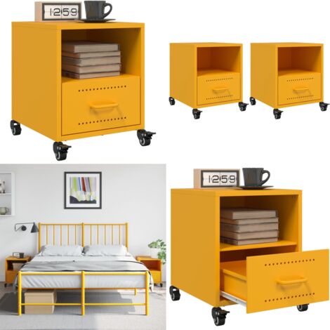 Comodini 2 pz Giallo Senape 36x39x43,5 cm in Acciaio - Comodino giallo senape - Comodino con cassetto