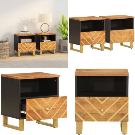 Comodini 2 pz Marrone e Nero in Legno Massello di Mango - Comodino mango - Comodino in legno massello