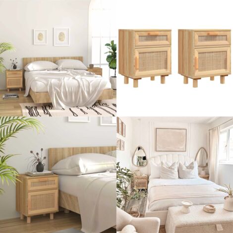 Comodini 2 pz Marroni Legno Massello di Pino e Rattan Naturale - Comodino in legno - Comodino scandinavo