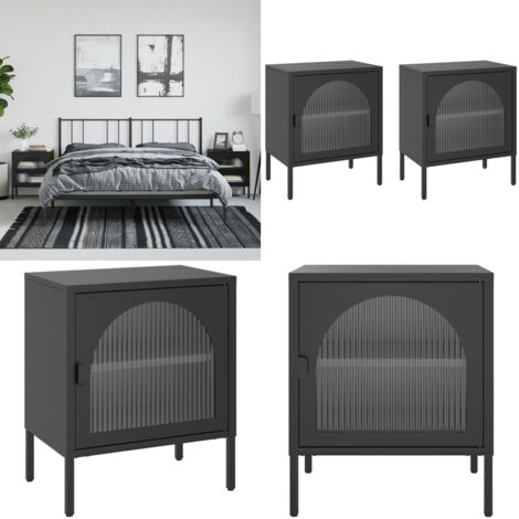 Comodini 2 pz Neri 50x35x60 cm in Vetro e Acciaio - Comodini neri - Comodini con ripiano regolabile