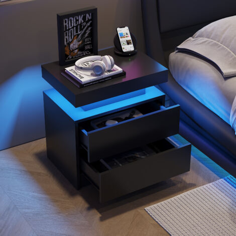 Comodini 50x53x36cm con 2 cassetti, cassettiera, LED, per camera da letto, legno, nero