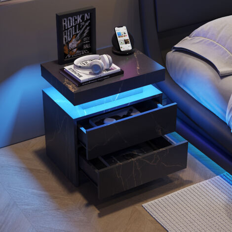 Comodini 50x53x36cm con 2 cassetti, cassettiera, LED, per camera da letto, legno, nero-oro