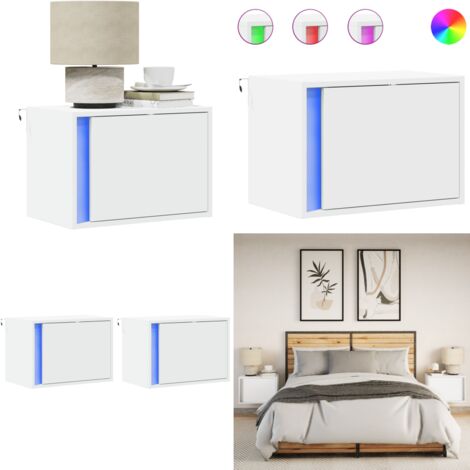 Comodini a Parete con Luci LED 2 pz Bianchi - Comodini da parete con luci rgb - Comodini da parete con cassetto